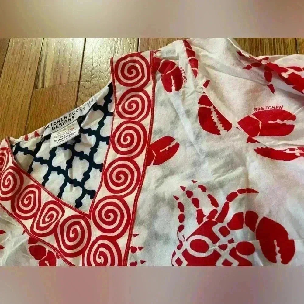 Gretchen Scott Tunic Top Womens Size XS 3/4 Sleeves Crab Print Red/White V Neck - Picture 3 of 10